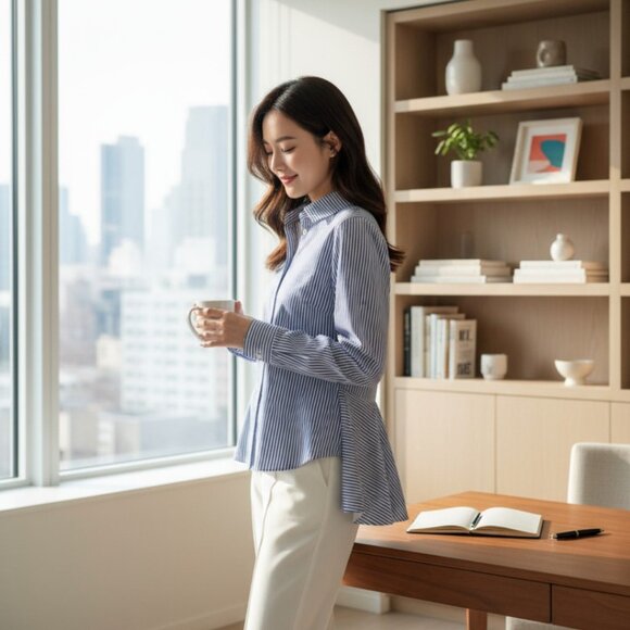 DESIGNER OVELIA TRANSTOTO BLUE/WHITE STRIPED COLLAR BUTTOM-UP LONG SLEEVE BLOUSE - Picture 6 of 12